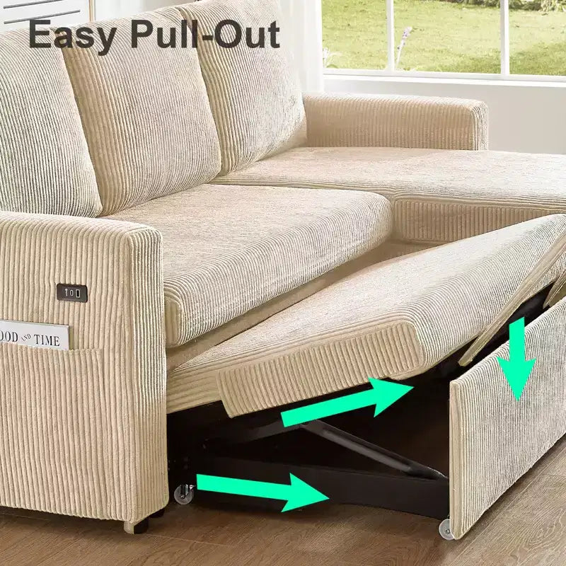 Canapé-lit sectionnel Dyonery 81, canapé-lit escamotable en forme de L avec méridienne de rangement réversible, USB, dossier inclinable