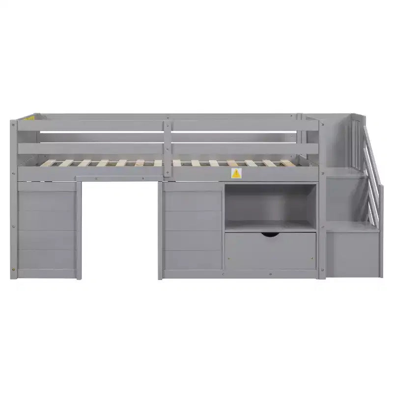 Lit mezzanine jumeau Okak en bois massif avec escalier et rangement, lits superposés jumeaux à profil bas avec tiroirs et étagères, lits mezzanine multifonctionnels pour enfants et adolescents