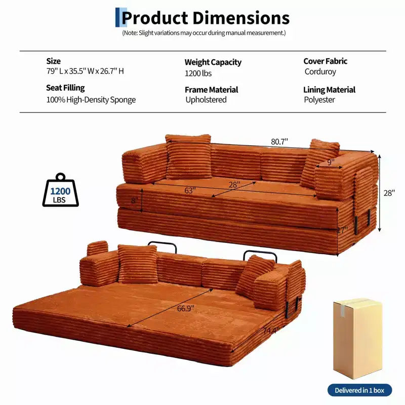 Canapé-lit convertible 5-en-1 de 80,7 po – Velours côtelé, 1 200 lb, aucun assemblage requis