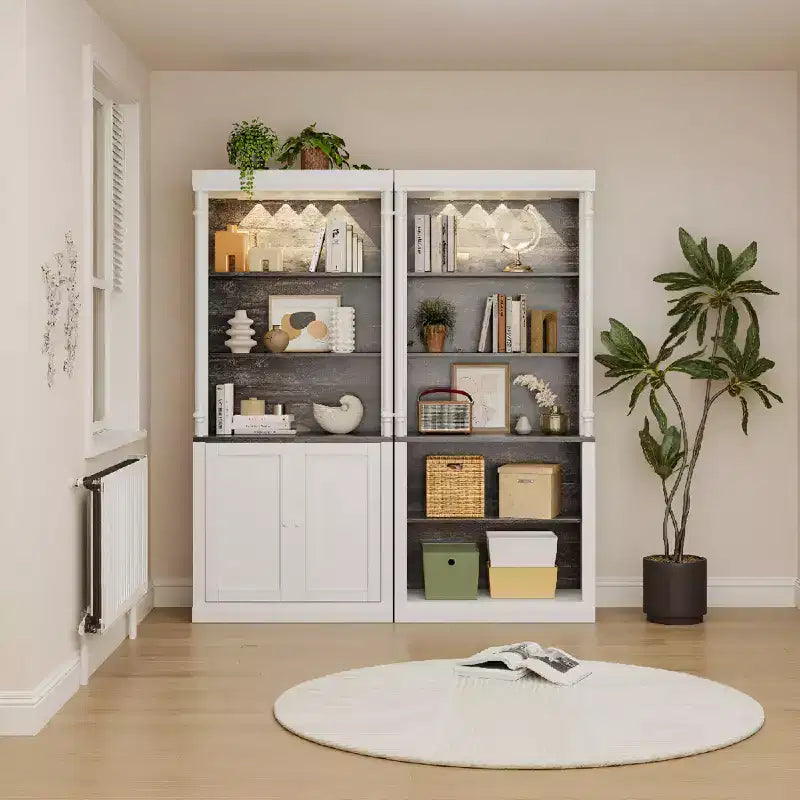 5-Tier Open Bookcase with LED Lights, Tall Roman Column Freestanding Bookshelf, Adjustable Shelves for Home Office and Living Room