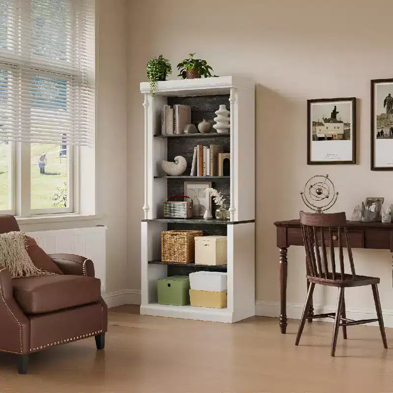5-Tier Open Bookcase with LED Lights, Tall Roman Column Freestanding Bookshelf, Adjustable Shelves for Home Office and Living Room