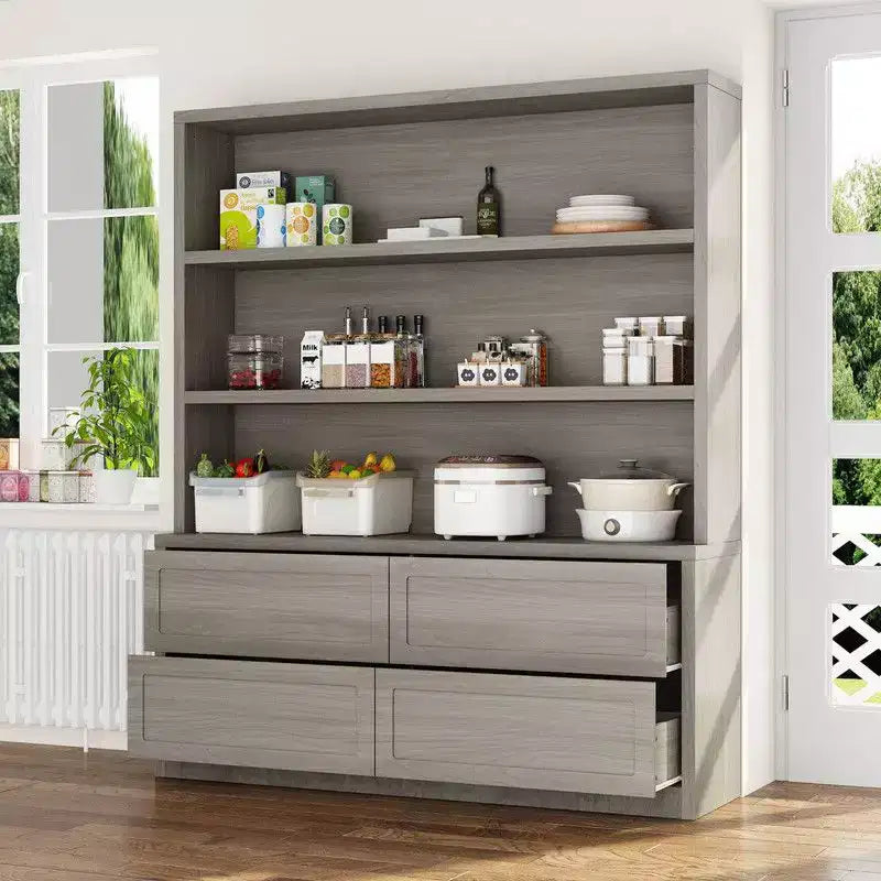 Famapy Minimalist Light Gray Kitchen Storage Cabinet,Pantry Organizer,Open Shelves+Drawers for Organized Pantry/ Dining Room