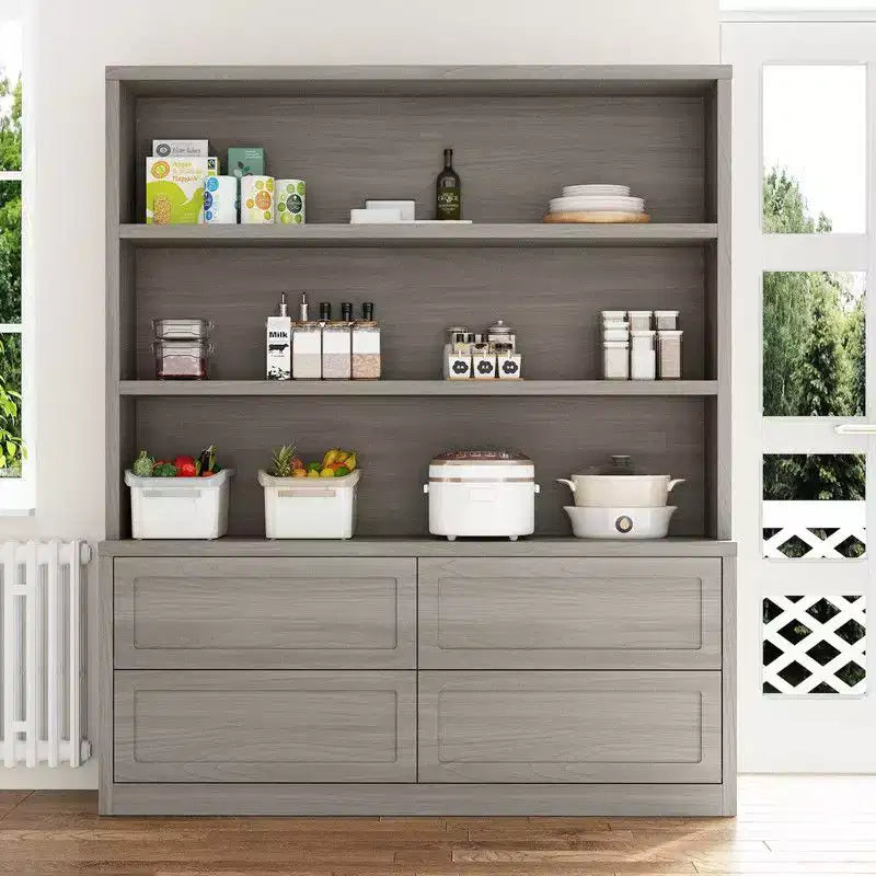 Minimalist Light Gray Kitchen Storage Cabinet,Pantry Organizer,Open Shelves+Drawers for Organized Pantry/ Dining Room