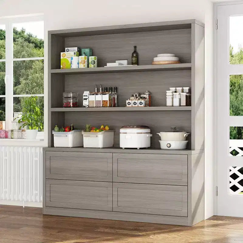 Minimalist Light Gray Kitchen Storage Cabinet,Pantry Organizer,Open Shelves+Drawers for Organized Pantry/ Dining Room