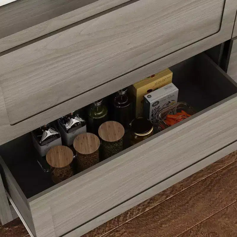 Minimalist Light Gray Kitchen Storage Cabinet,Pantry Organizer,Open Shelves+Drawers for Organized Pantry/ Dining Room