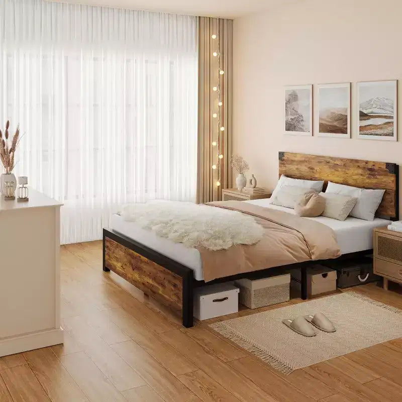 King Bed Frame with Headboard, Full Platform Bed Frame with Under Bed Storage and Metal Legs, Full Size Bed Frame for Noise Free, No Box Spring Needed