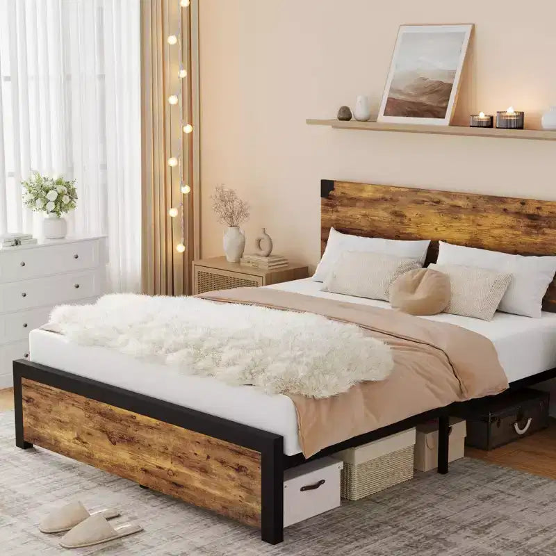 King Bed Frame with Headboard, Full Platform Bed Frame with Under Bed Storage and Metal Legs, Full Size Bed Frame for Noise Free, No Box Spring Needed