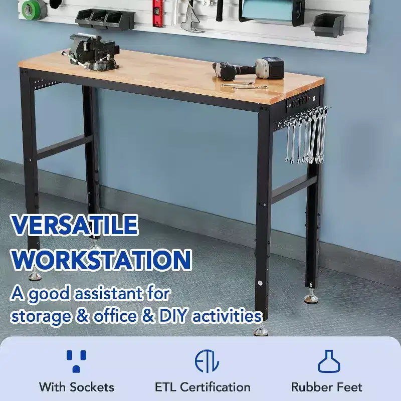 Heavy Duty Adjustable Workbench, 48 Table with 2000 lb Capacity, Power Outlets, Height Settings for Garage Workshop