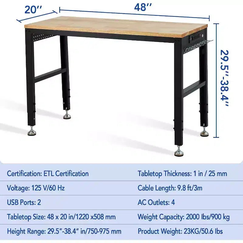 Heavy Duty Adjustable Workbench, 48 Table with 2000 lb Capacity, Power Outlets, Height Settings for Garage Workshop