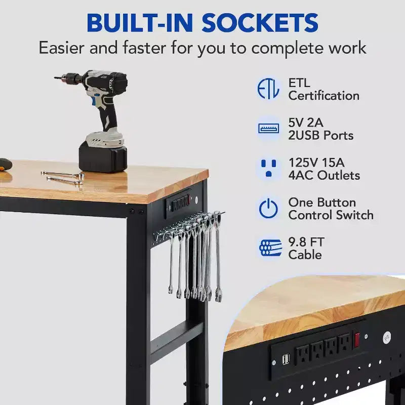 Heavy Duty Adjustable Workbench, 48 Table with 2000 lb Capacity, Power Outlets, Height Settings for Garage Workshop