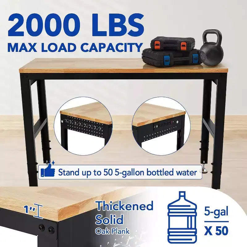 Heavy Duty Adjustable Workbench, 48 Table with 2000 lb Capacity, Power Outlets, Height Settings for Garage Workshop