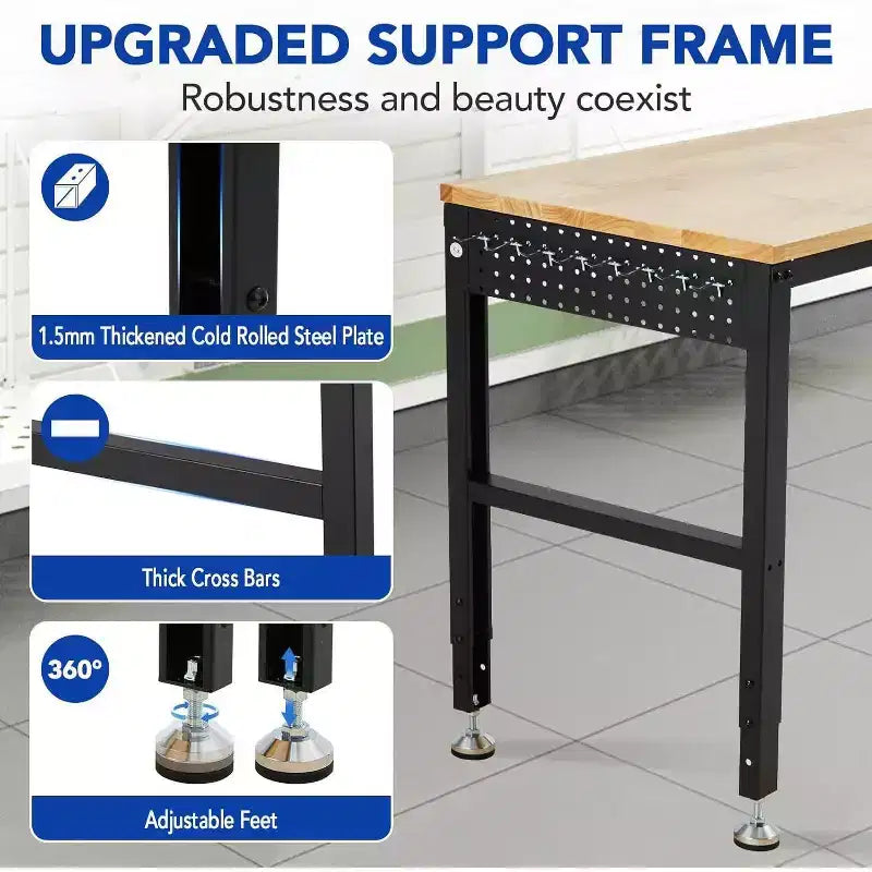 Heavy Duty Adjustable Workbench, 48 Table with 2000 lb Capacity, Power Outlets, Height Settings for Garage Workshop