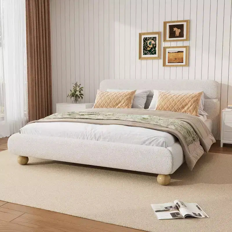 Merax Contemporary Low Profile Upholstered Bed with Teddy Fleece Fabric, White