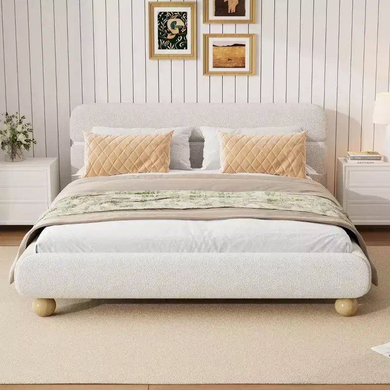 Contemporary Low Profile Upholstered Bed with Teddy Fleece Fabric, White