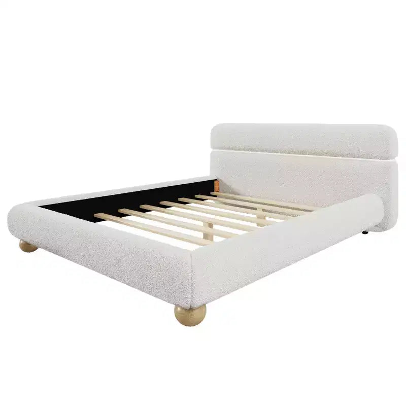 Contemporary Low Profile Upholstered Bed with Teddy Fleece Fabric, White