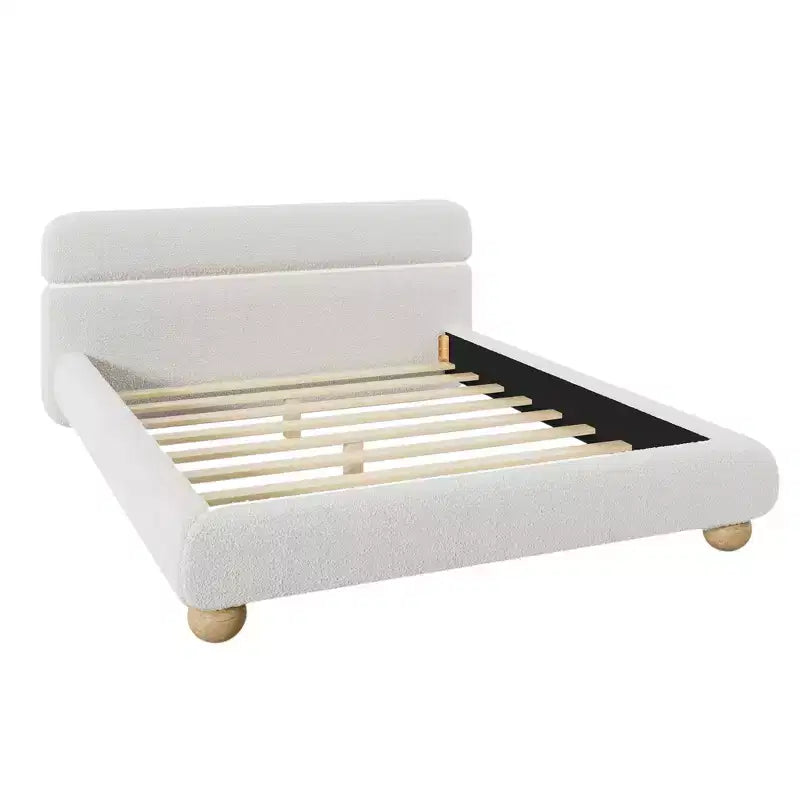 Contemporary Low Profile Upholstered Bed with Teddy Fleece Fabric, White
