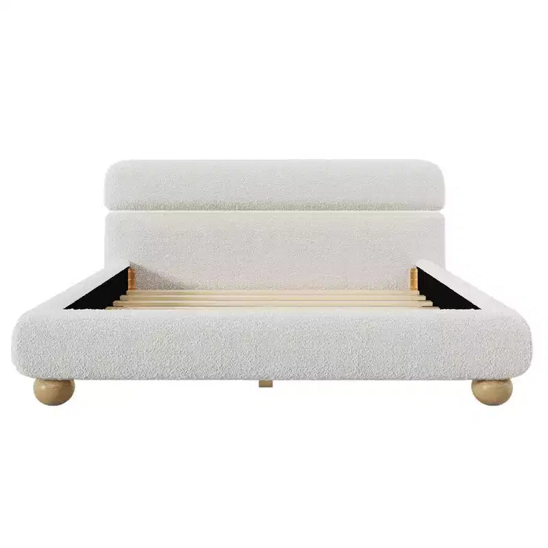 Contemporary Low Profile Upholstered Bed with Teddy Fleece Fabric, White