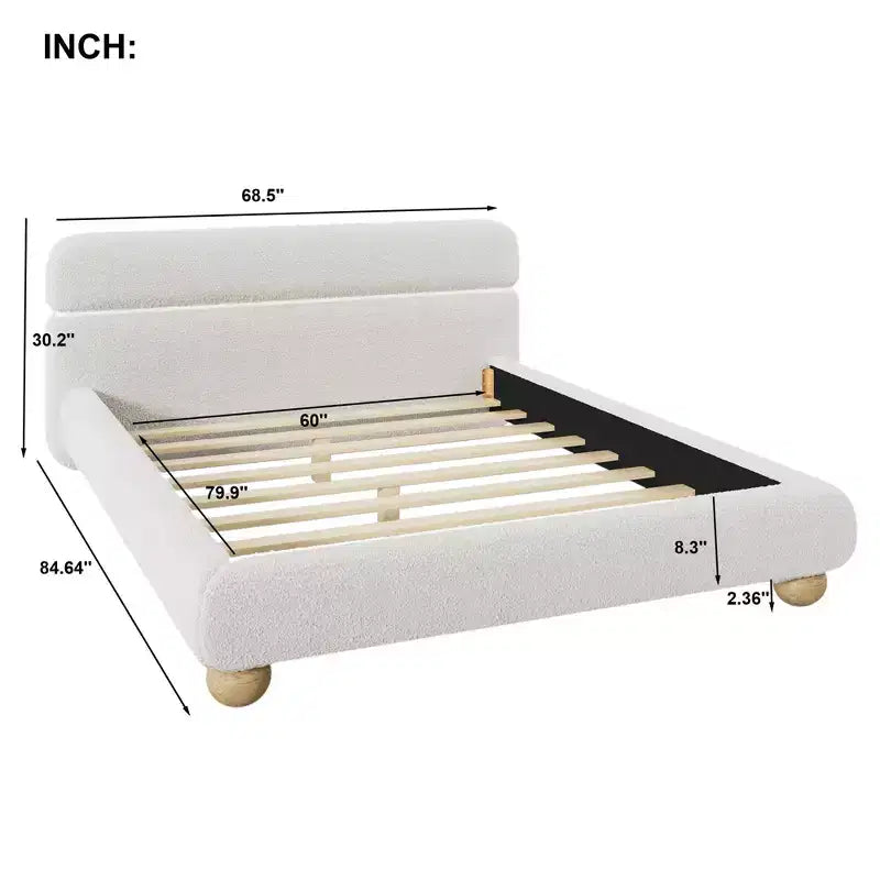 Contemporary Low Profile Upholstered Bed with Teddy Fleece Fabric, White