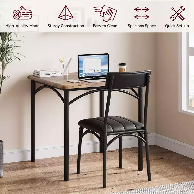 Modern Rustic Gray Square Dining Set, 29.2' L x W 30.1' H Table, 33.7' 18.4' 17' Chairs, 2 Person, Metal & MDF, Easy Assembly, Space-Saving