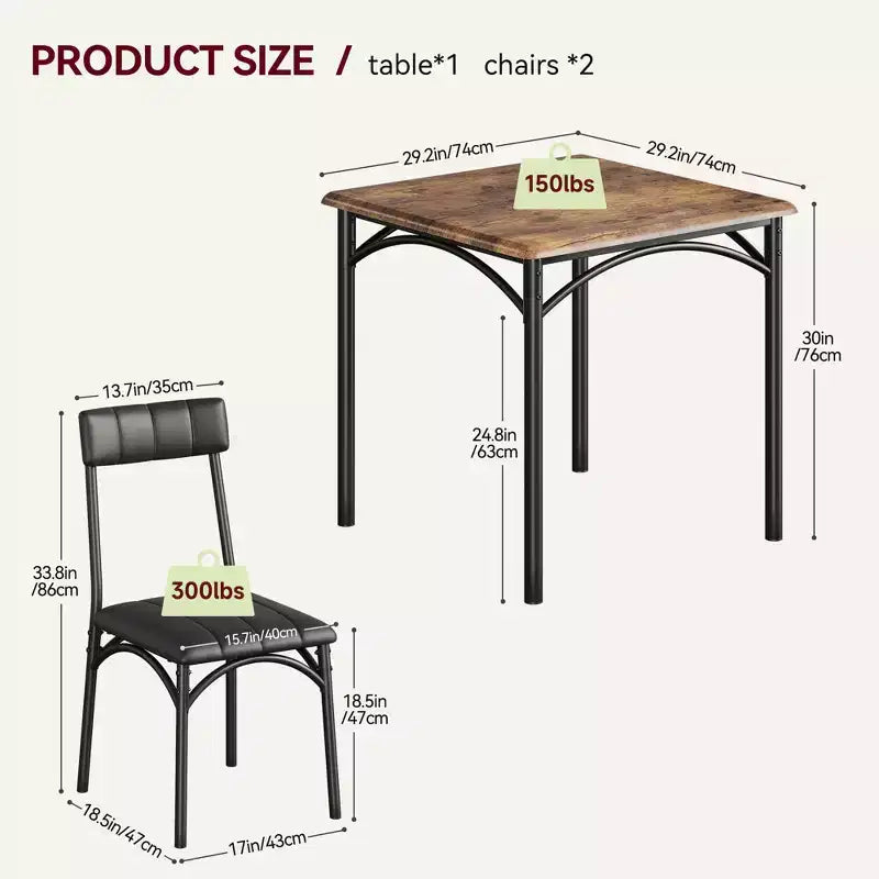 Modern Rustic Gray Square Dining Set, 29.2' L x W 30.1' H Table, 33.7' 18.4' 17' Chairs, 2 Person, Metal & MDF, Easy Assembly, Space-Saving