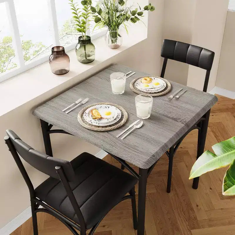 Modern Rustic Gray Square Dining Set, 29.2' L x W 30.1' H Table, 33.7' 18.4' 17' Chairs, 2 Person, Metal & MDF, Easy Assembly, Space-Saving