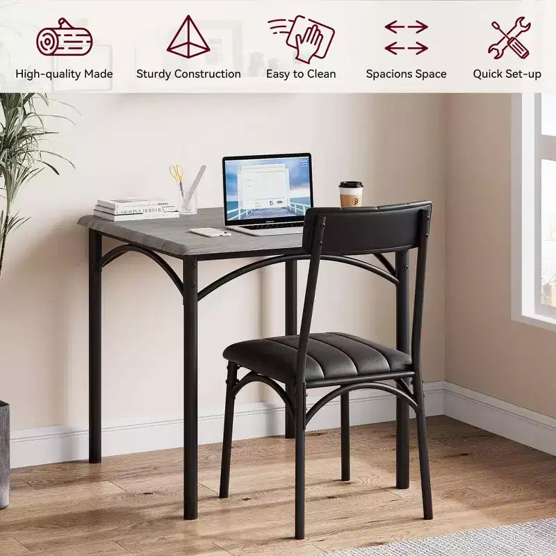 Modern Rustic Gray Square Dining Set, 29.2' L x W 30.1' H Table, 33.7' 18.4' 17' Chairs, 2 Person, Metal & MDF, Easy Assembly, Space-Saving