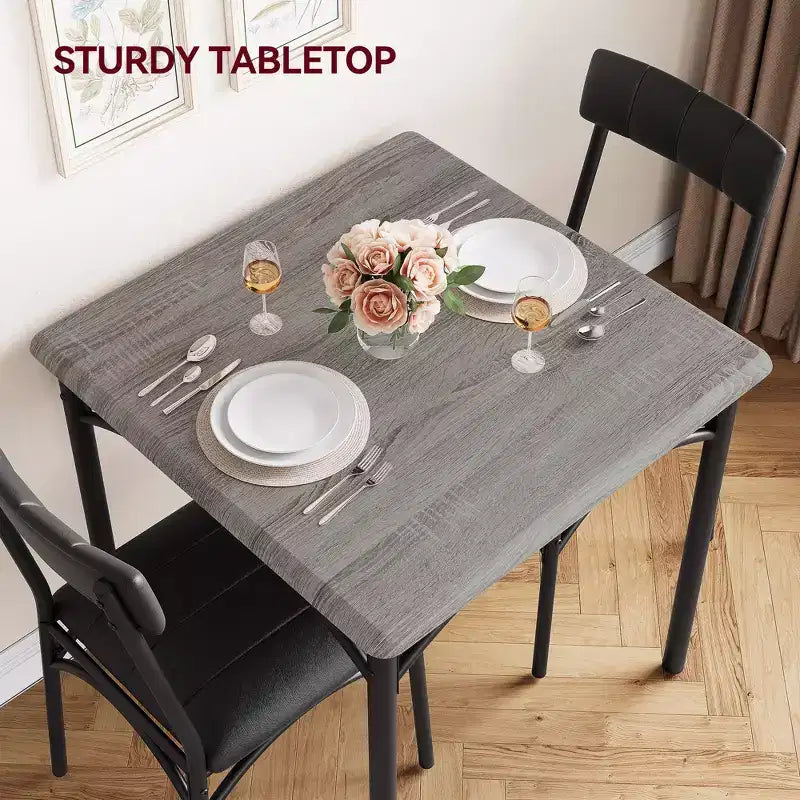 Modern Rustic Gray Square Dining Set, 29.2' L x W 30.1' H Table, 33.7' 18.4' 17' Chairs, 2 Person, Metal & MDF, Easy Assembly, Space-Saving