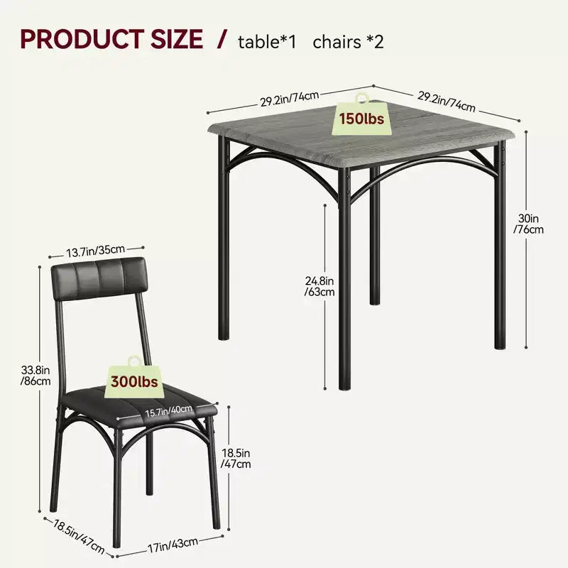 Modern Rustic Gray Square Dining Set, 29.2' L x W 30.1' H Table, 33.7' 18.4' 17' Chairs, 2 Person, Metal & MDF, Easy Assembly, Space-Saving