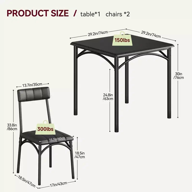 Modern Rustic Gray Square Dining Set, 29.2' L x W 30.1' H Table, 33.7' 18.4' 17' Chairs, 2 Person, Metal & MDF, Easy Assembly, Space-Saving