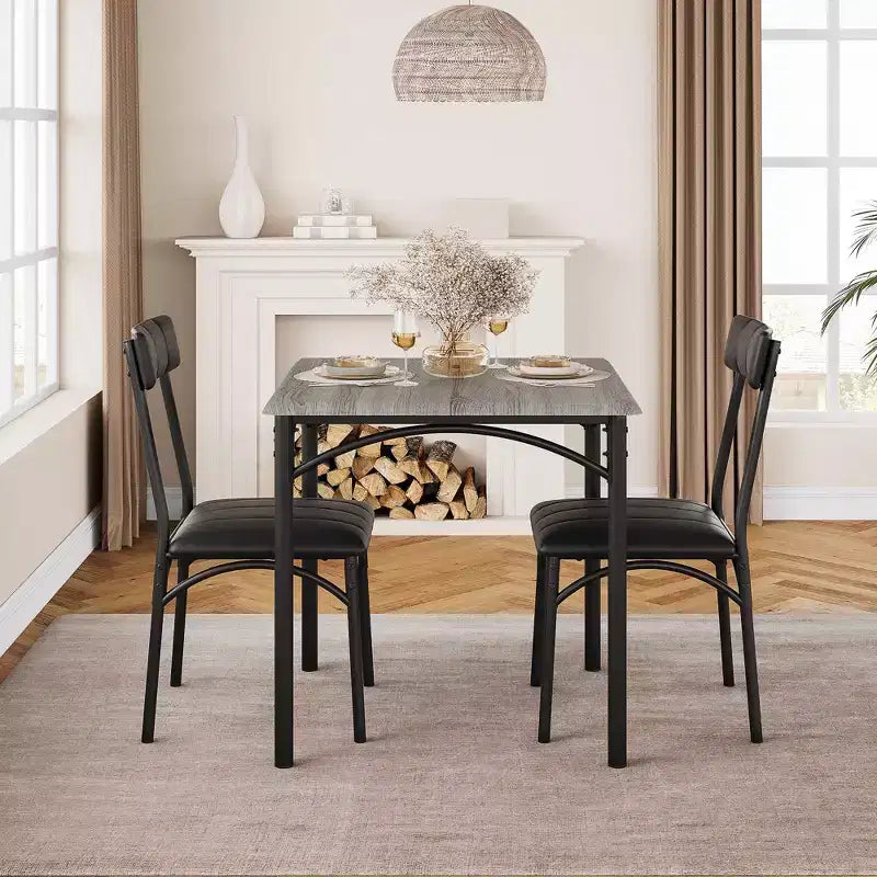 Modern Rustic Gray Square Dining Set, 29.2' L x W 30.1' H Table, 33.7' 18.4' 17' Chairs, 2 Person, Metal & MDF, Easy Assembly, Space-Saving