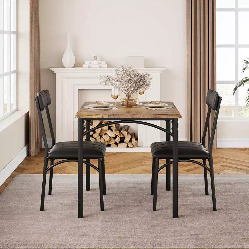 Modern Rustic Gray Square Dining Set, 29.2' L x W 30.1' H Table, 33.7' 18.4' 17' Chairs, 2 Person, Metal & MDF, Easy Assembly, Space-Saving