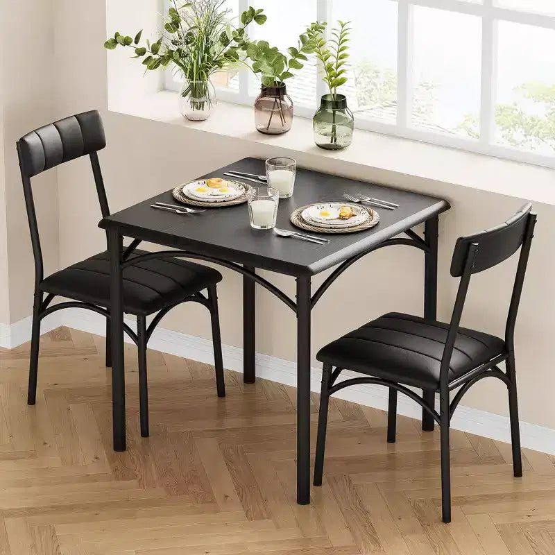 Modern Rustic Gray Square Dining Set, 29.2' L x W 30.1' H Table, 33.7' 18.4' 17' Chairs, 2 Person, Metal & MDF, Easy Assembly, Space-Saving