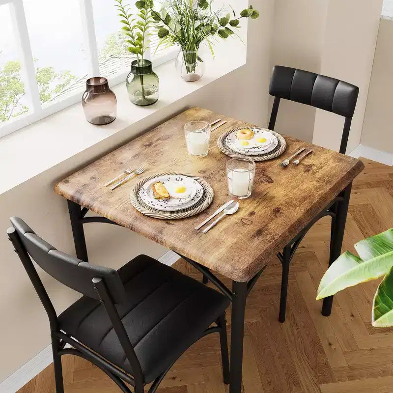 Modern Rustic Gray Square Dining Set, 29.2' L x W 30.1' H Table, 33.7' 18.4' 17' Chairs, 2 Person, Metal & MDF, Easy Assembly, Space-Saving