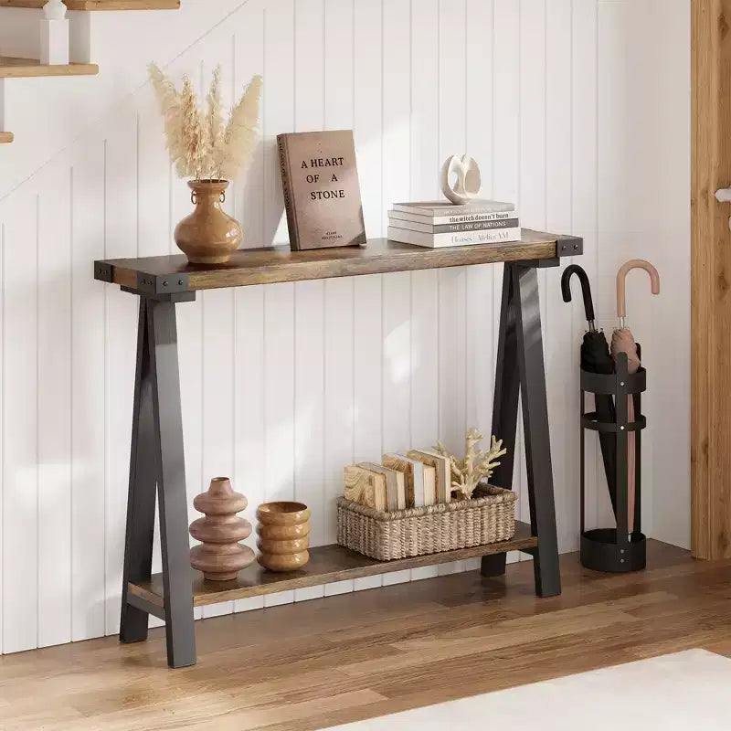 43.3 Inch Farmhouse Console Table - 2 Tier Entryway Table, MDF Sofa Table with Metal Frame, Behind Couch Table for Living Room, Hallway, Entryway