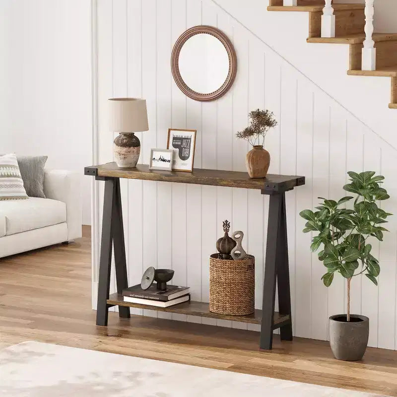 43.3 Inch Farmhouse Console Table - 2 Tier Entryway Table, MDF Sofa Table with Metal Frame, Behind Couch Table for Living Room, Hallway, Entryway