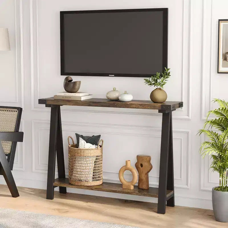 43.3 Inch Farmhouse Console Table - 2 Tier Entryway Table, MDF Sofa Table with Metal Frame, Behind Couch Table for Living Room, Hallway, Entryway