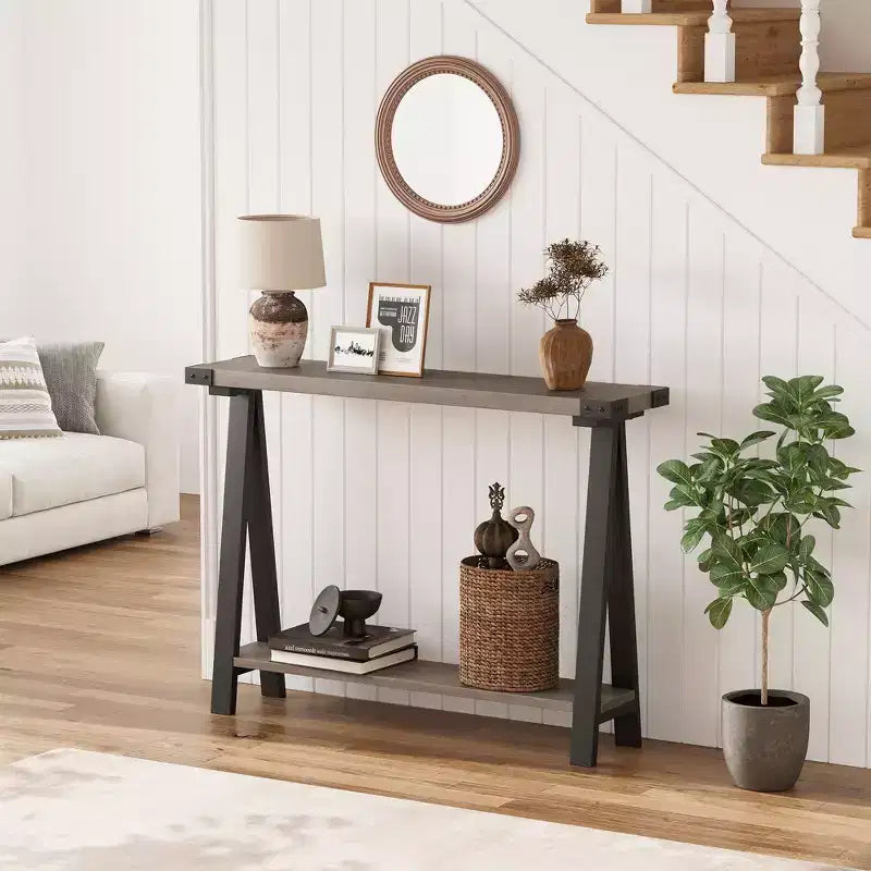 43.3 Inch Farmhouse Console Table - 2 Tier Entryway Table, MDF Sofa Table with Metal Frame, Behind Couch Table for Living Room, Hallway, Entryway