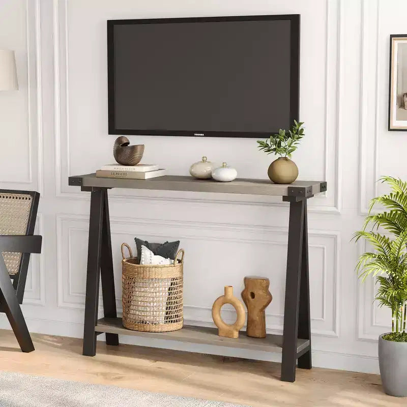 43.3 Inch Farmhouse Console Table - 2 Tier Entryway Table, MDF Sofa Table with Metal Frame, Behind Couch Table for Living Room, Hallway, Entryway