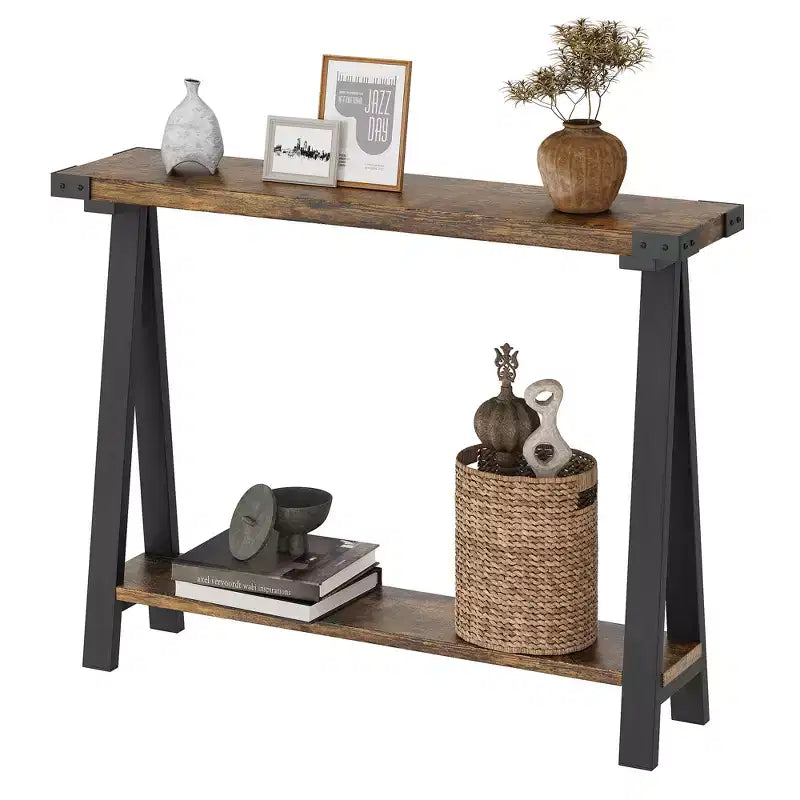 43.3 Inch Farmhouse Console Table - 2 Tier Entryway Table, MDF Sofa Table with Metal Frame, Behind Couch Table for Living Room, Hallway, Entryway