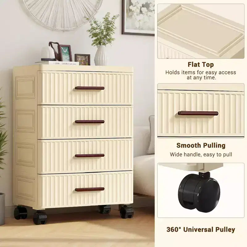 5 Tier Plastic Drawer Storage, Fluted Storage Drawers, Chest of Drawers, Night Stand, Storage Organizer with Wheels