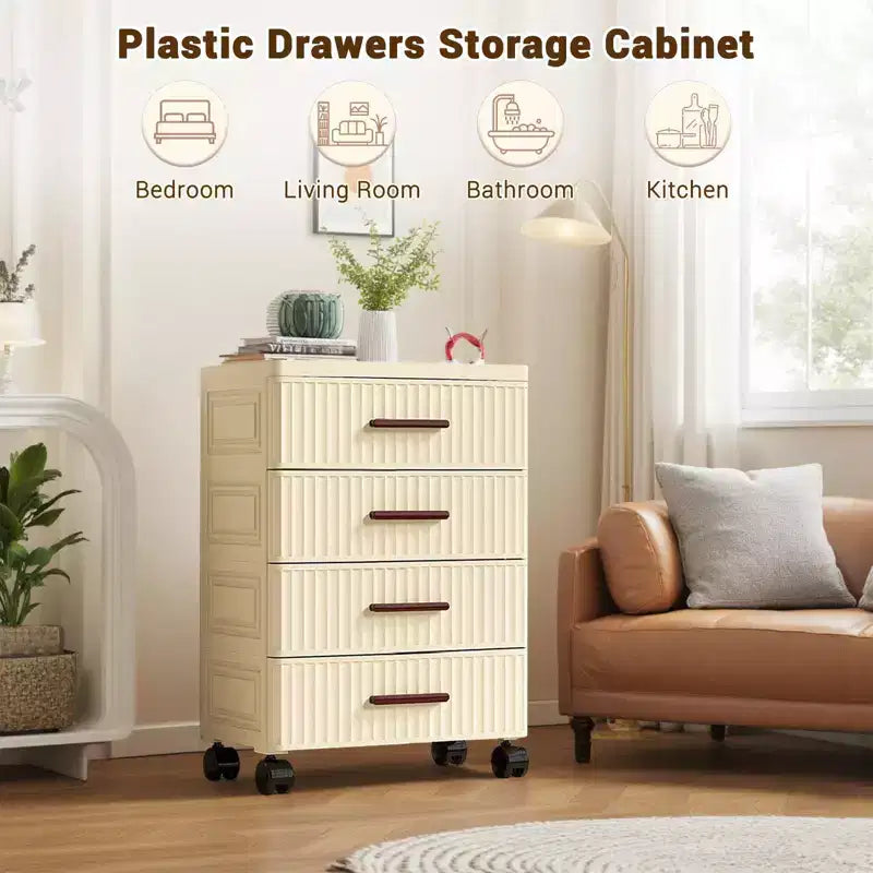 5 Tier Plastic Drawer Storage, Fluted Storage Drawers, Chest of Drawers, Night Stand, Storage Organizer with Wheels