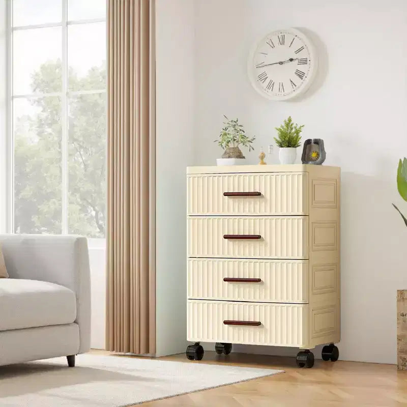 5 Tier Plastic Drawer Storage, Fluted Storage Drawers, Chest of Drawers, Night Stand, Storage Organizer with Wheels