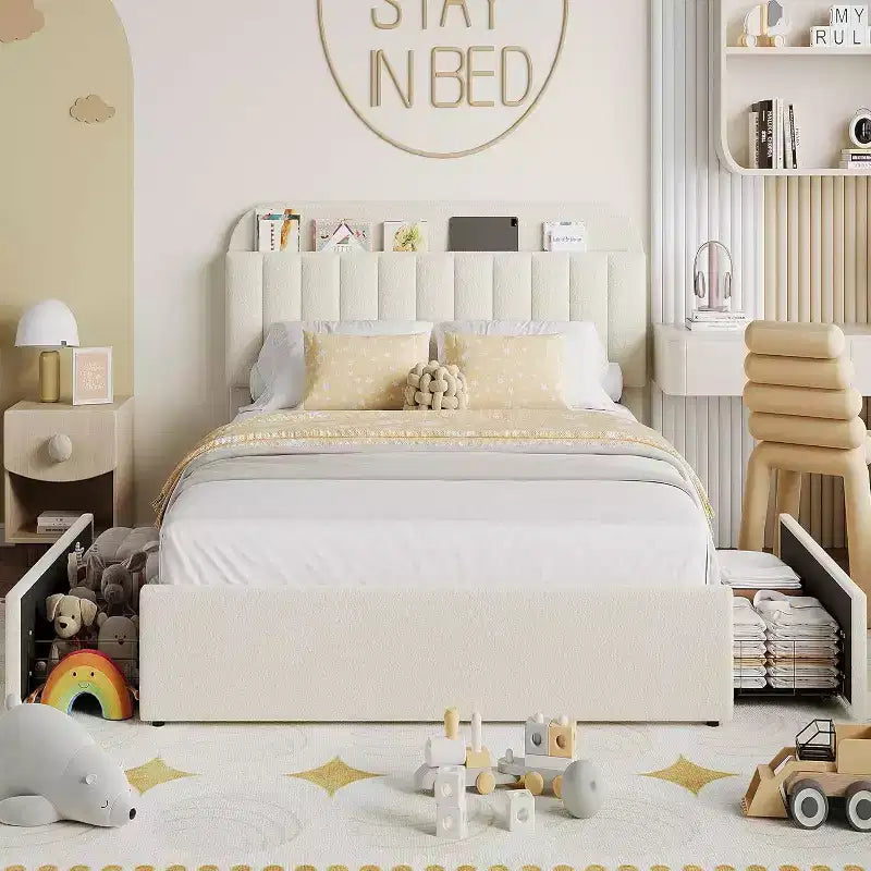 Twin Bed Frame with Storage Headboard, 2 Drawers, Wooden Slats, No Box Spring Needed, Noise Reducing, Easy Assembly