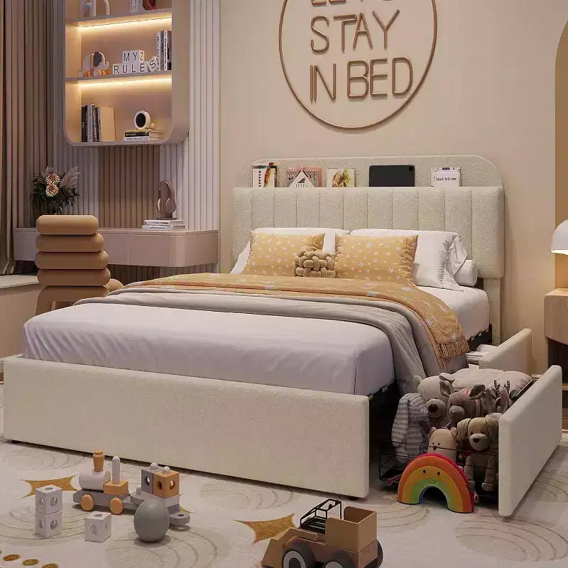 Twin Bed Frame with Storage Headboard, 2 Drawers, Wooden Slats, No Box Spring Needed, Noise Reducing, Easy Assembly