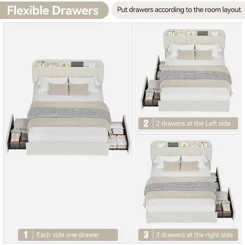 Twin Bed Frame with Storage Headboard, 2 Drawers, Wooden Slats, No Box Spring Needed, Noise Reducing, Easy Assembly