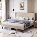 Upholstered Bed Frame with Wingback Headboard, Beige Velvet Platform Bed with Storage Pockets, Solid Wooden Slats, Noise-Free Design