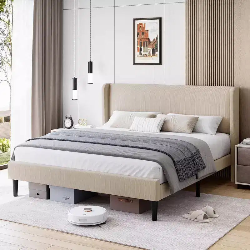 Upholstered Bed Frame with Wingback Headboard, Beige Velvet Platform Bed with Storage Pockets, Solid Wooden Slats, Noise-Free Design