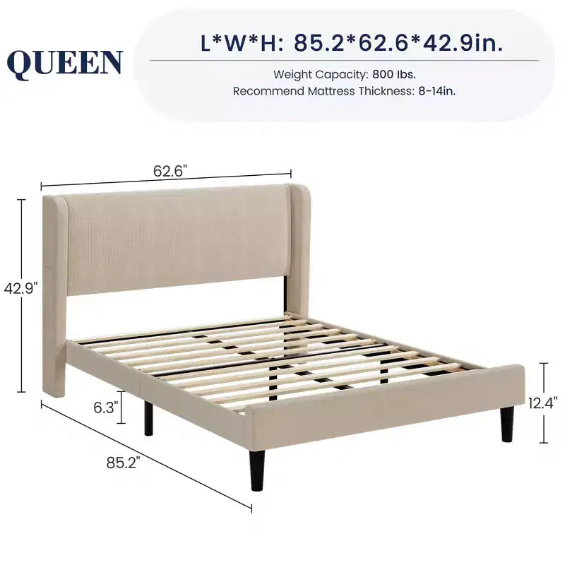Upholstered Bed Frame with Wingback Headboard, Beige Velvet Platform Bed with Storage Pockets, Solid Wooden Slats, Noise-Free Design