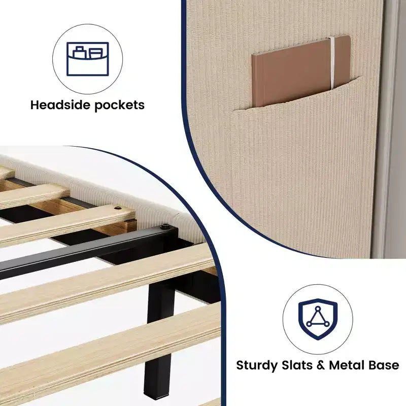 Upholstered Bed Frame with Wingback Headboard, Beige Velvet Platform Bed with Storage Pockets, Solid Wooden Slats, Noise-Free Design