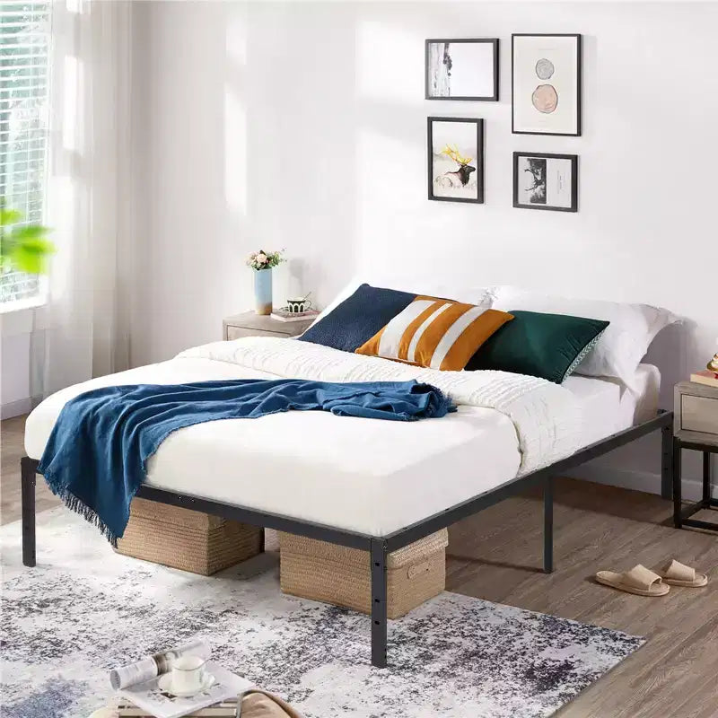 FurnitureR Metal Bed Frame Full Size with LED Lights, Heavy Duty Platform Bed, Under Bed Storage, No Box Spring Needed, Non-Slip Support, Black